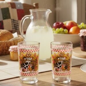 Rare Vtg Pair of Country Cow Highball Drinking Glasses Farmhouse County Charm
